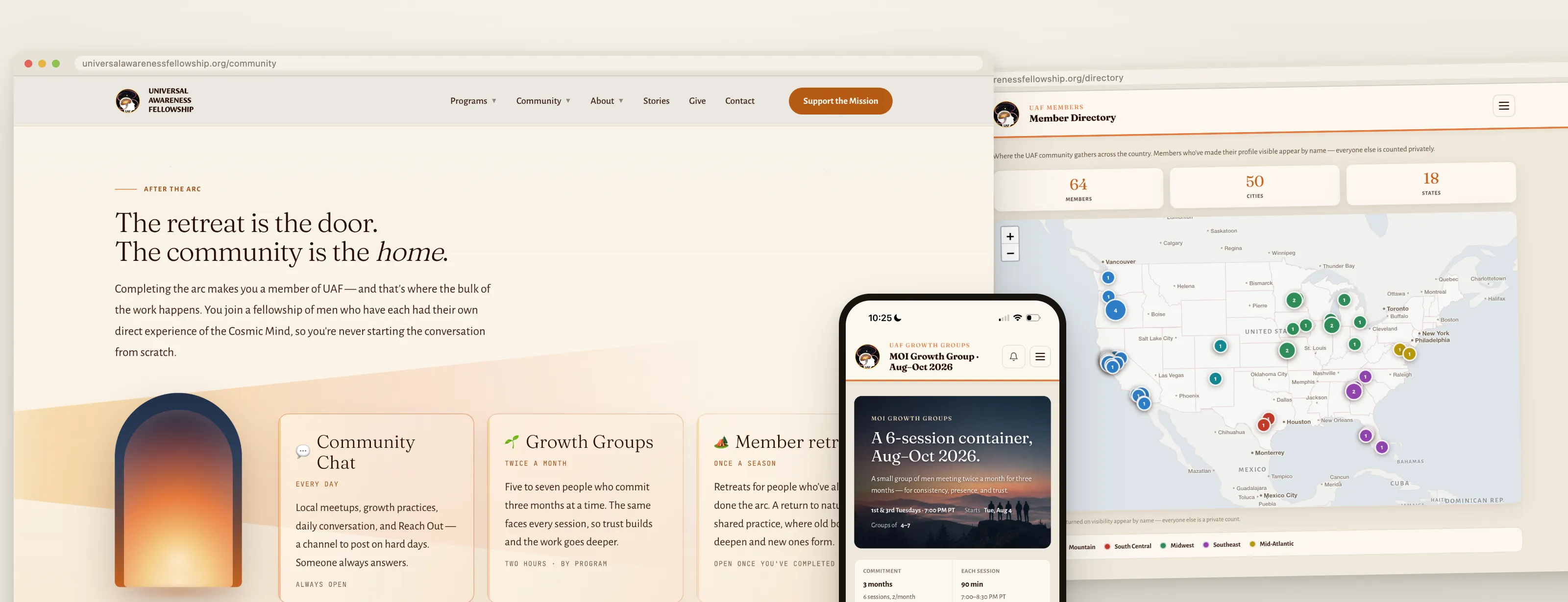 UAF community — public community page, member directory and map, and Growth Groups on iPhone