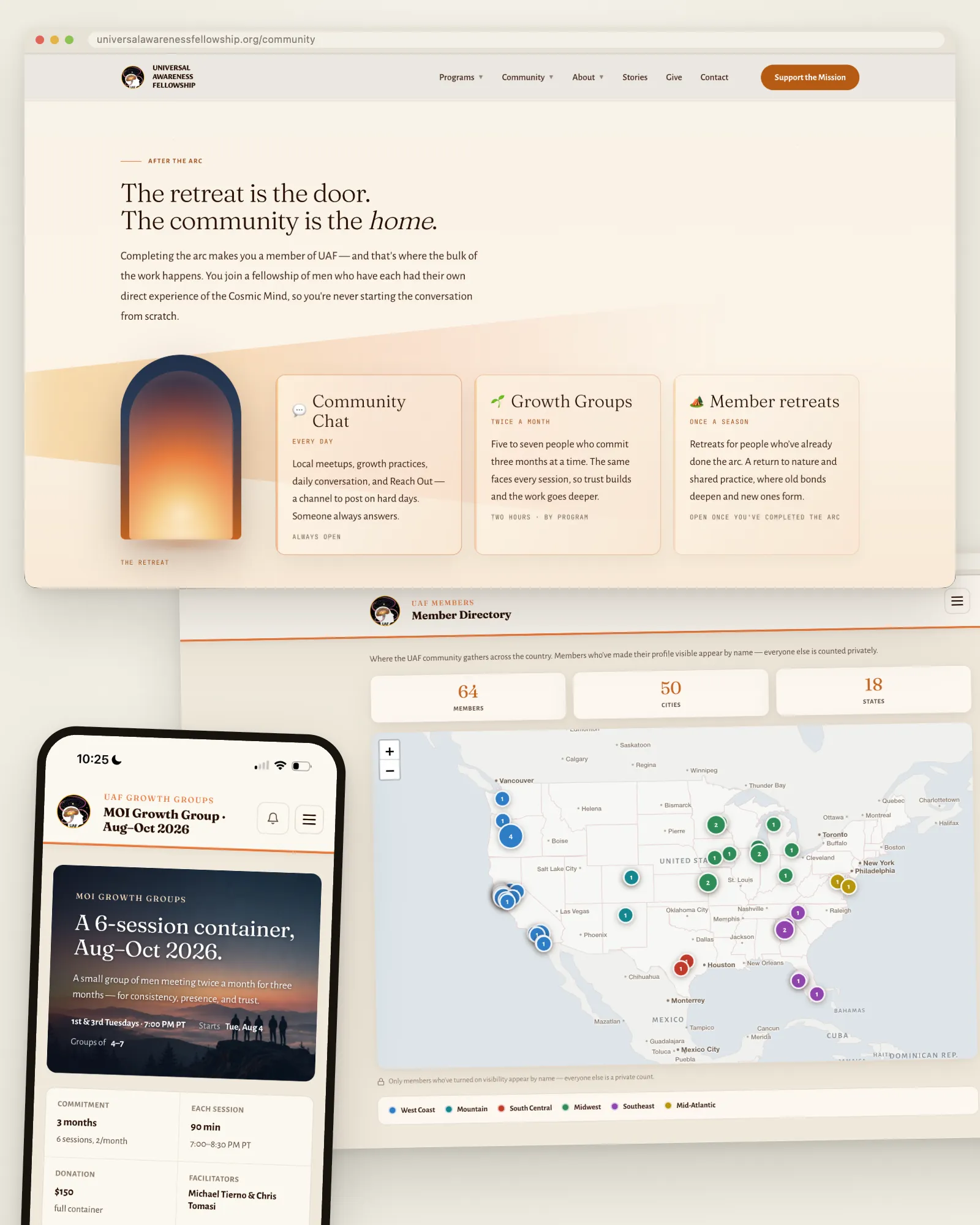 UAF community — public community page, member directory and map, and Growth Groups on iPhone