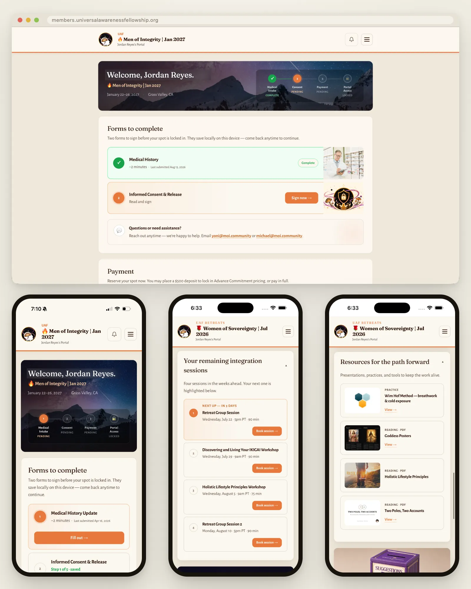 UAF participant experience — member portal, required forms, integration sessions and resources on iPhone
